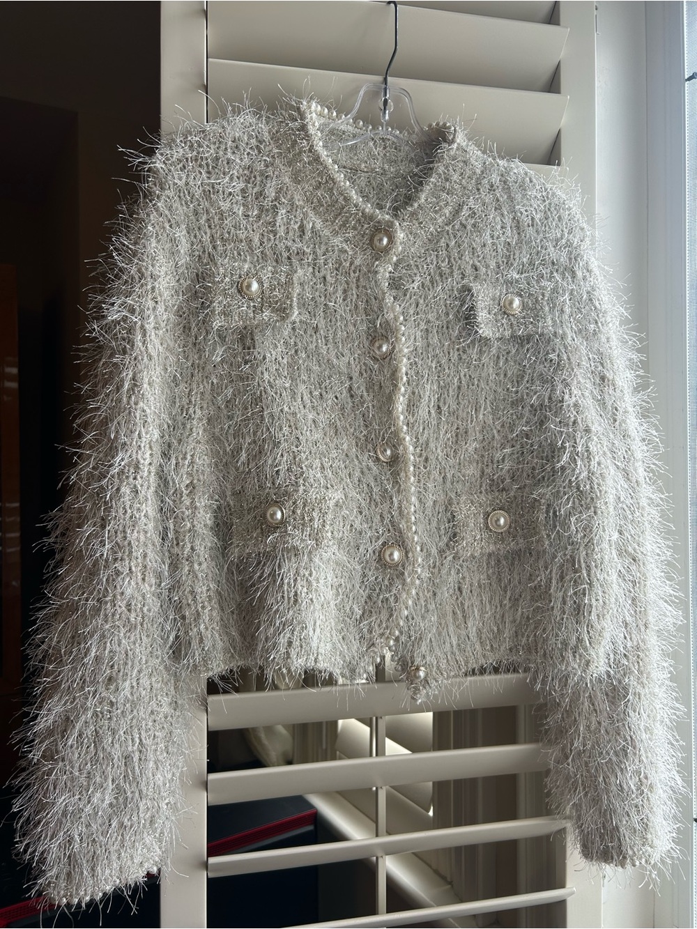 Cropped Pearl-Button Fuzzy Jacket - Light Gray